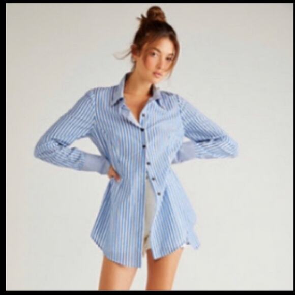 Free People x Brenda Knight Striped Button Front Top Blue White Size Small - Picture 9 of 9